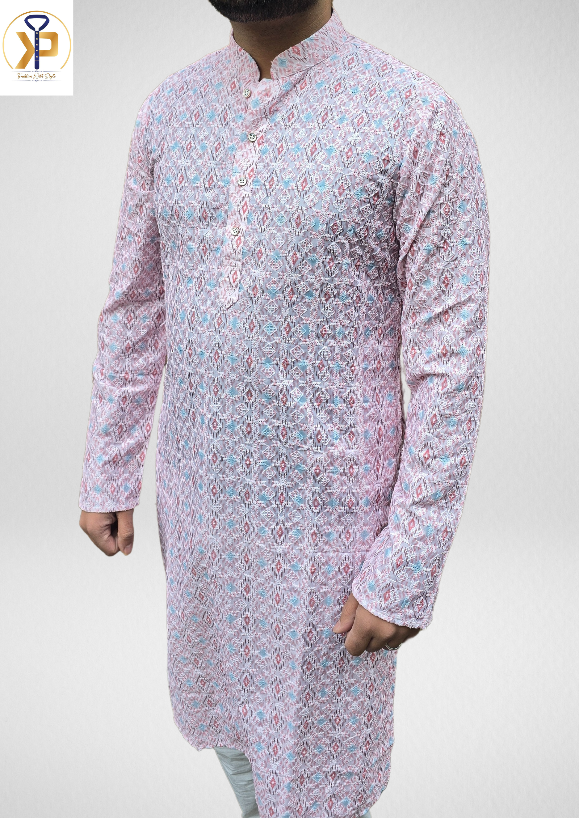 pink kurta chikankari for men