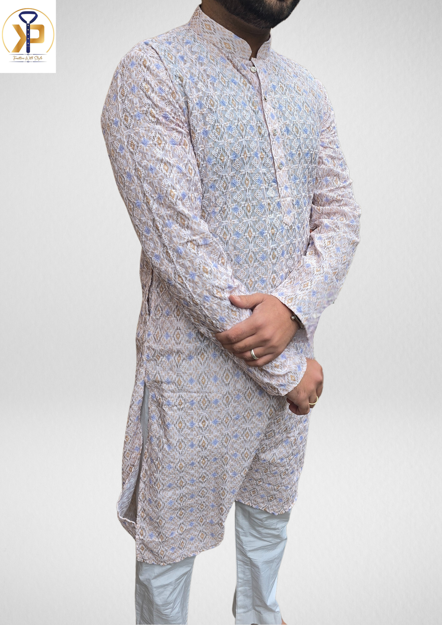 beige chikankari kurta set for men