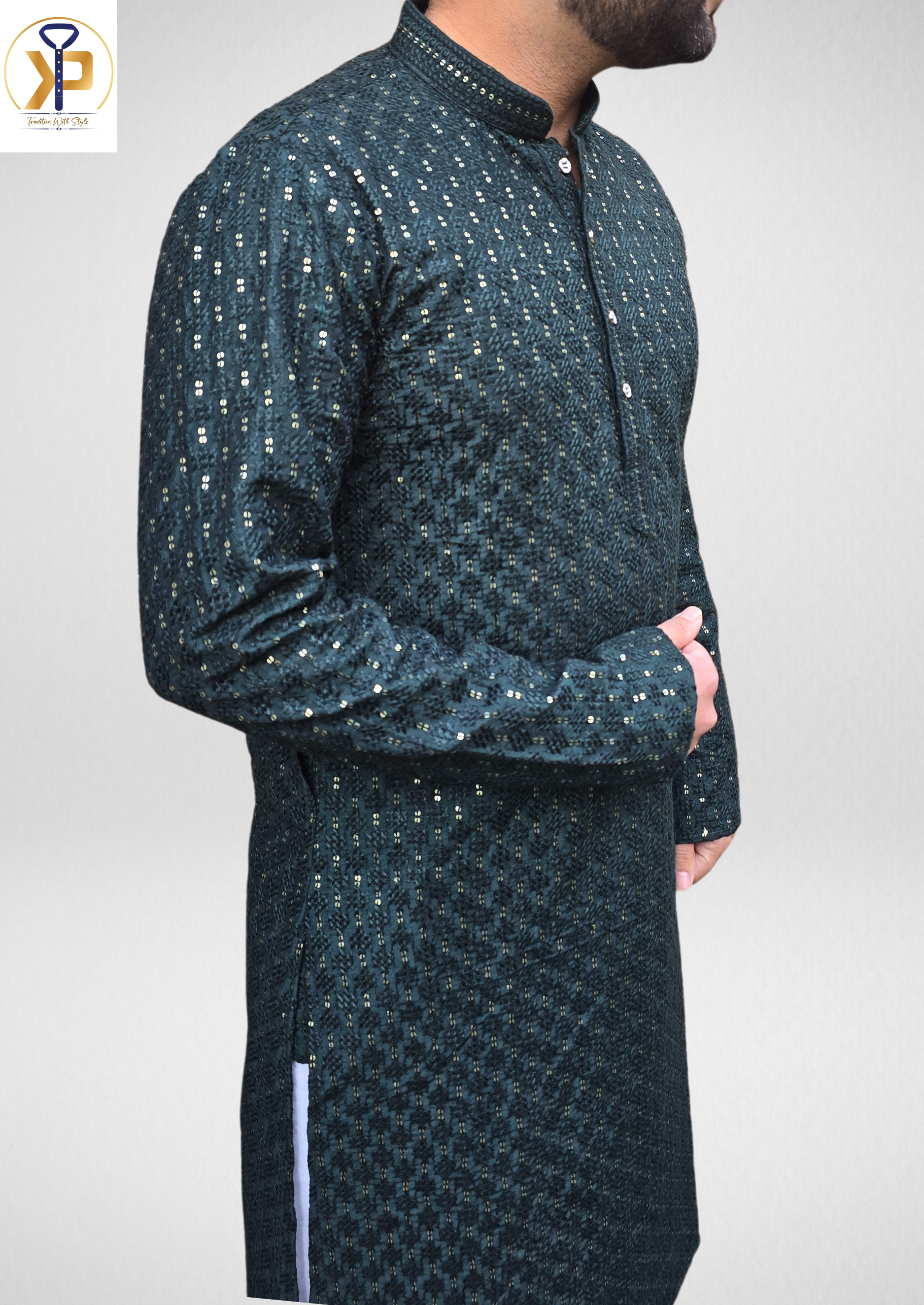 designer dark green kurta set for men