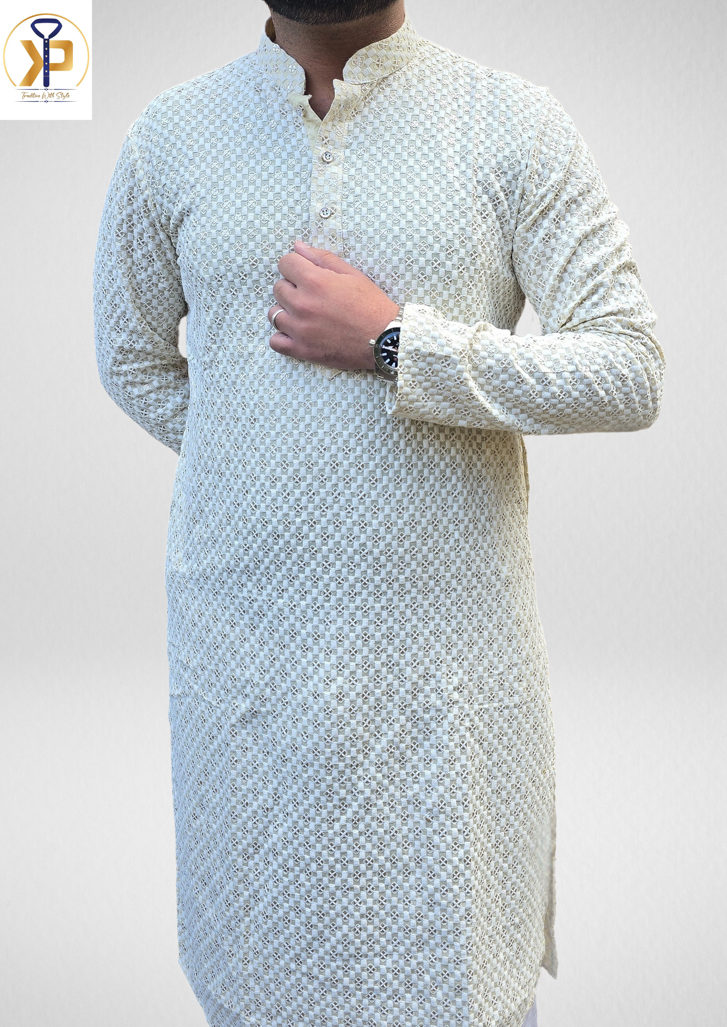 beige mirror work kurta pyjama