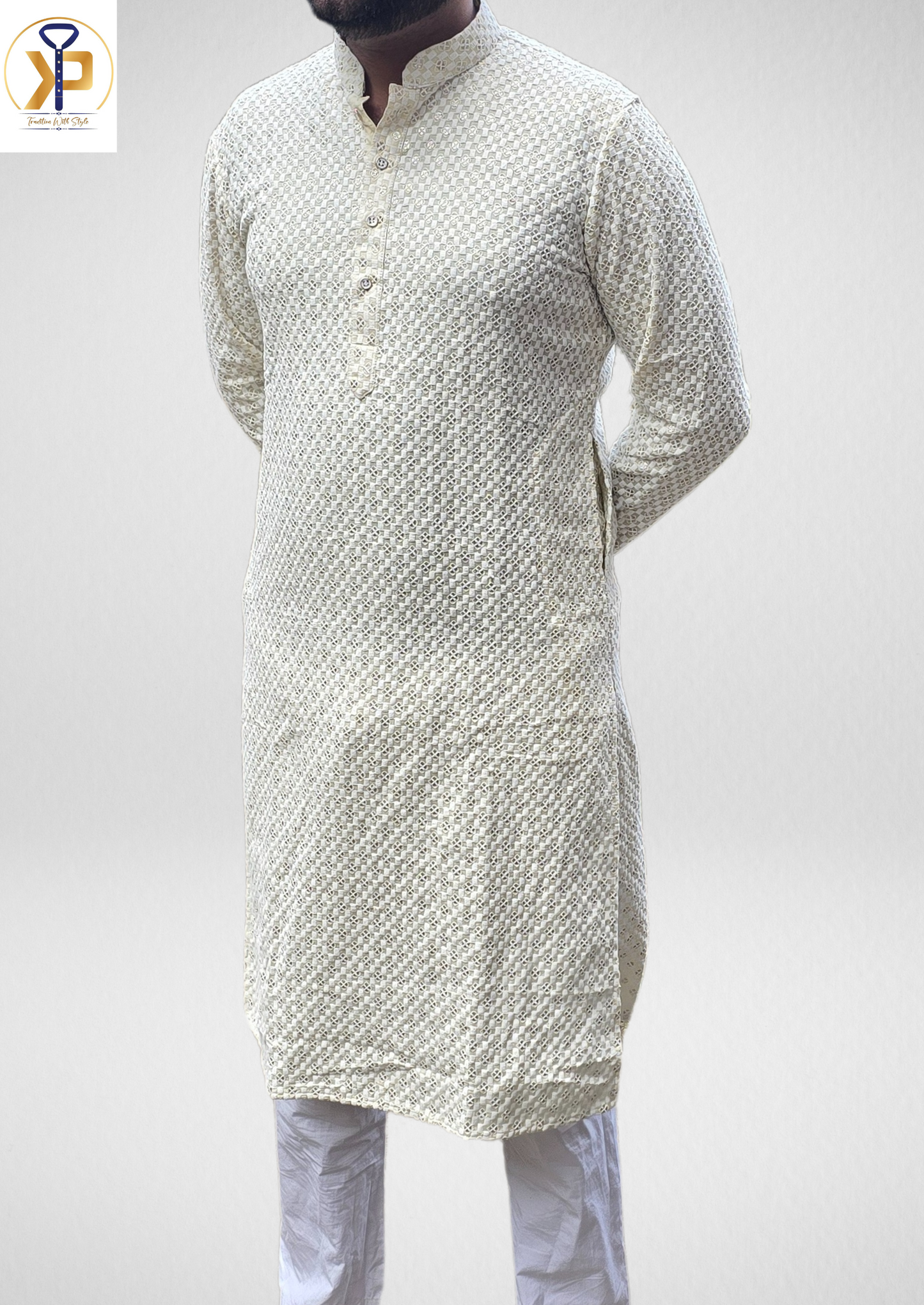 beige mirror work kurta set