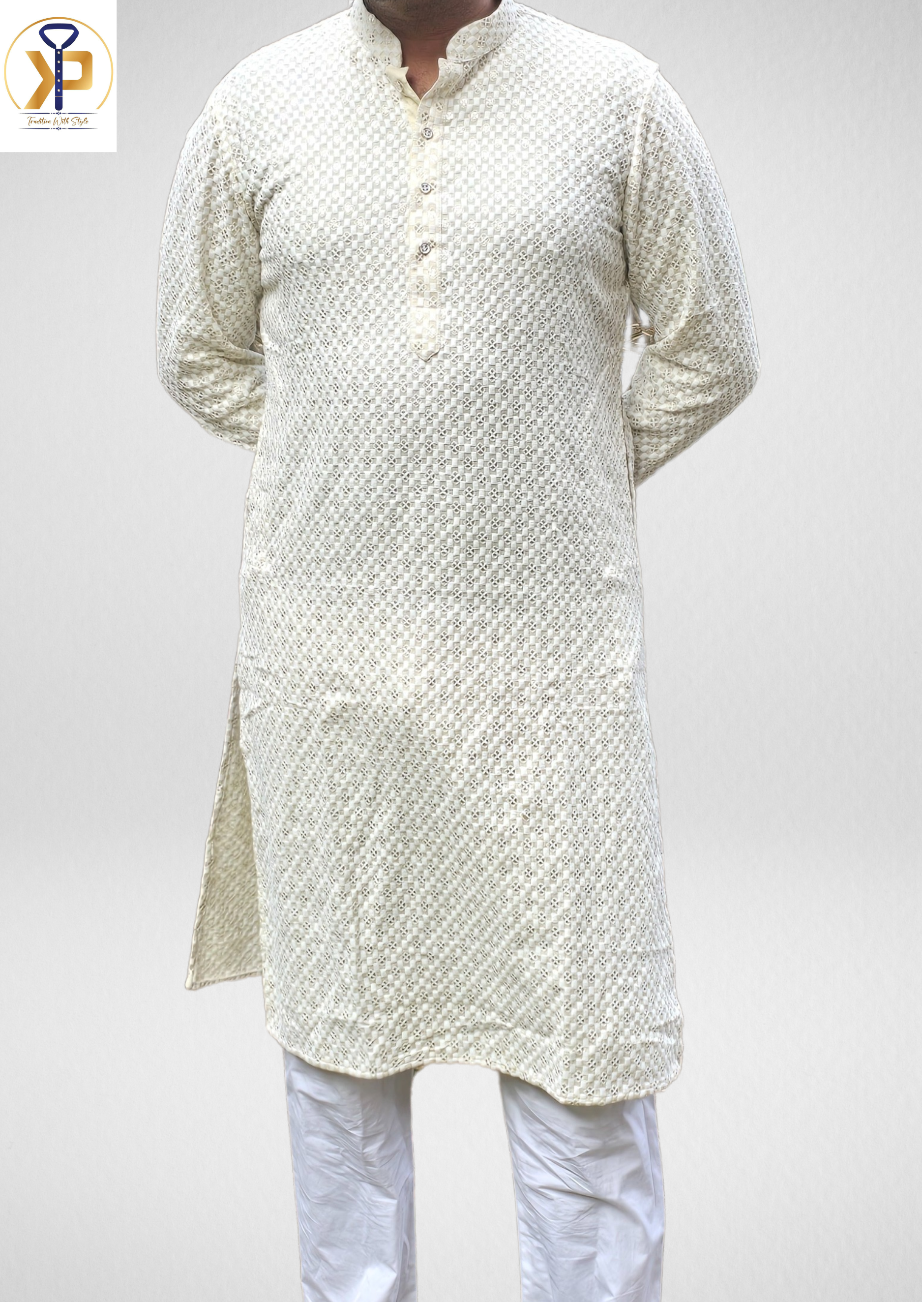 beige mirror work kurta pyjama men