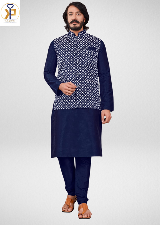 navy blue kurta set with nehru jacket