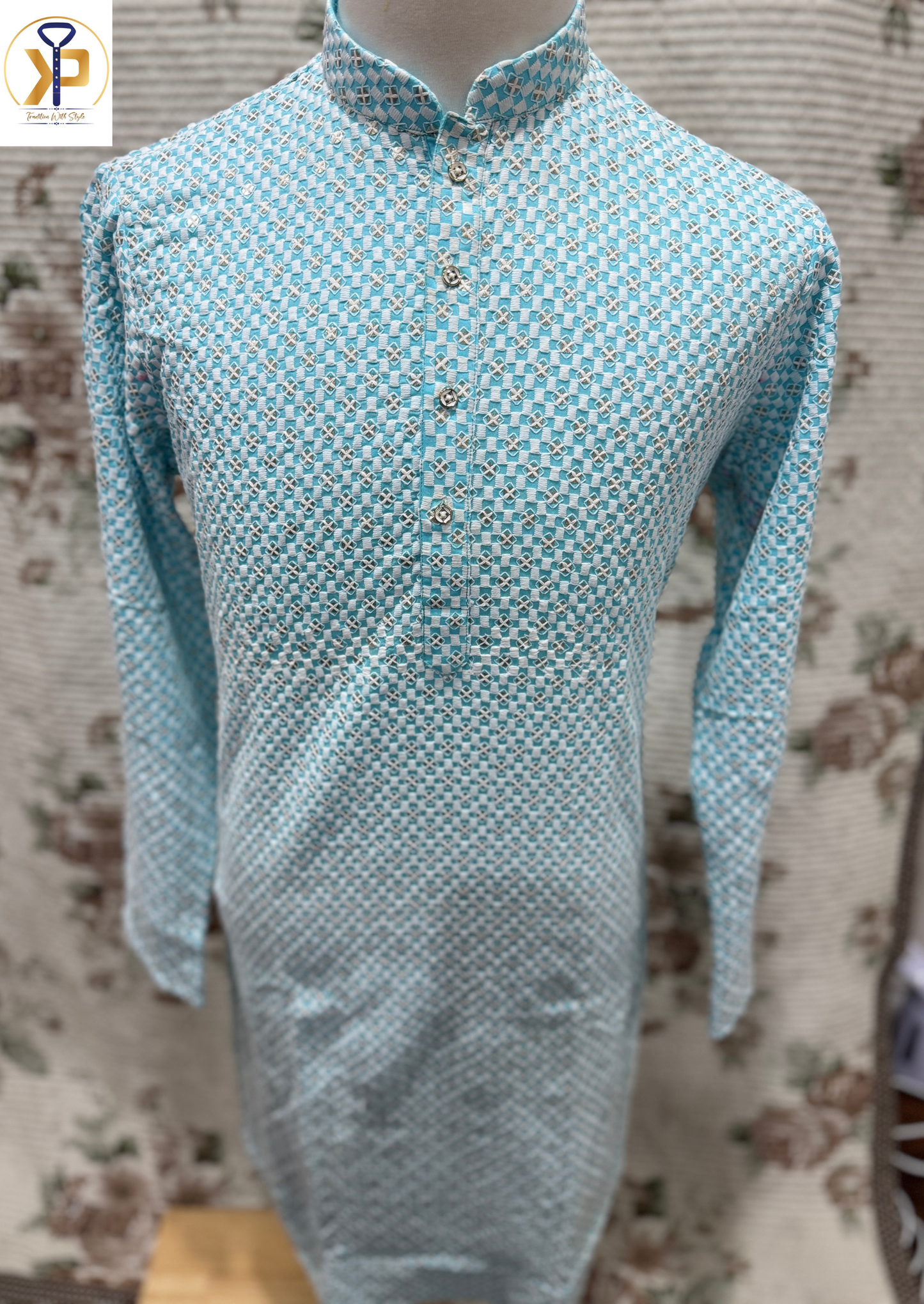 KPD5060 Chikankari Sequence Blue White Kurta Pyjama Set