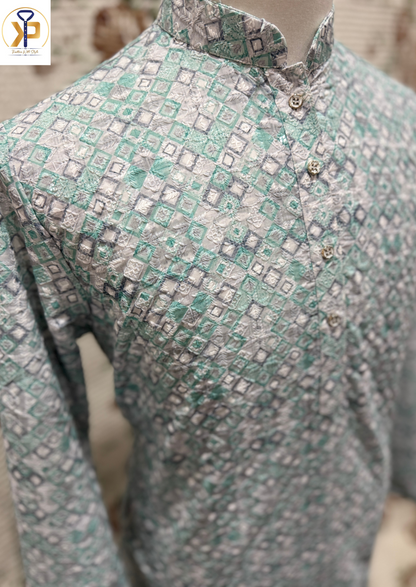 Green Chikankari Kurta Pyjama For Men