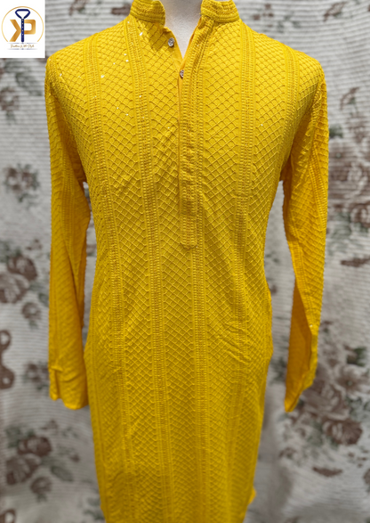 Yellow Mango Shade Chikankari Sequence Kurta Pyjama Set For Men
