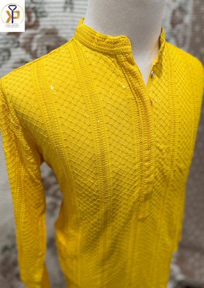 Yellow Mango Shade Chikankari Sequence Kurta Pyjama Set