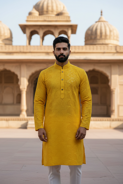 KPD6072 Yellow Luckhnowi Kurta Pyjama
