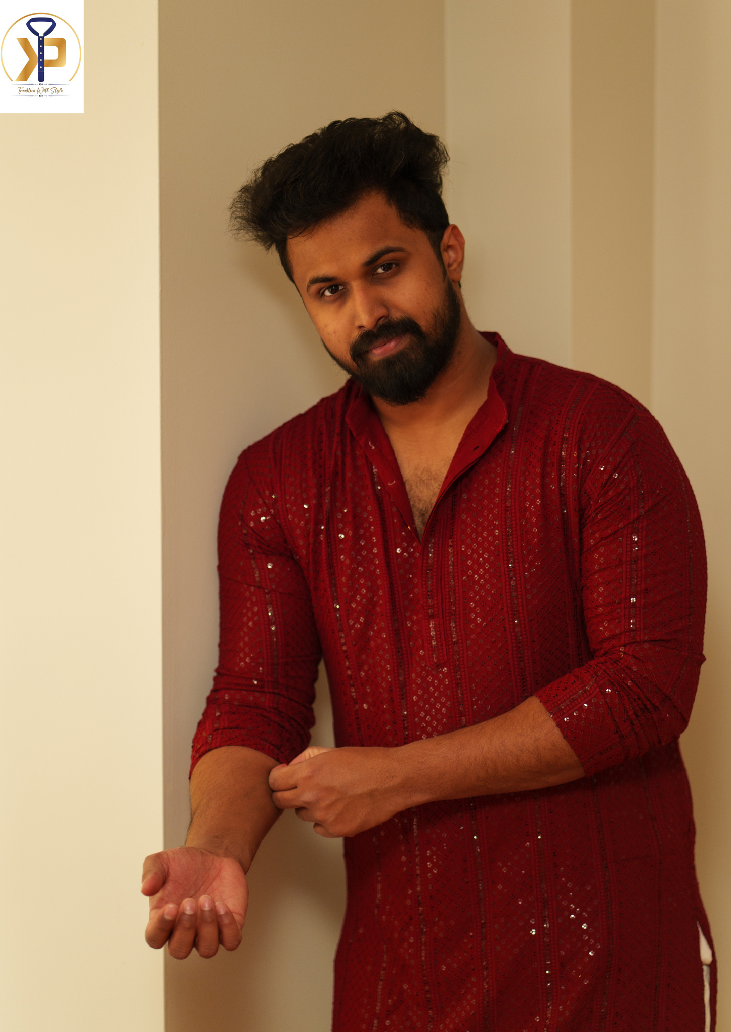 Red Chikankari Kurta Pyjama Set for Men