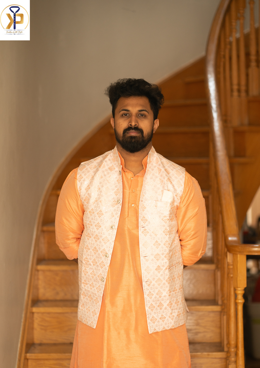 White Designer Nehru Jacket paired with a Peach Kurta Pyjama