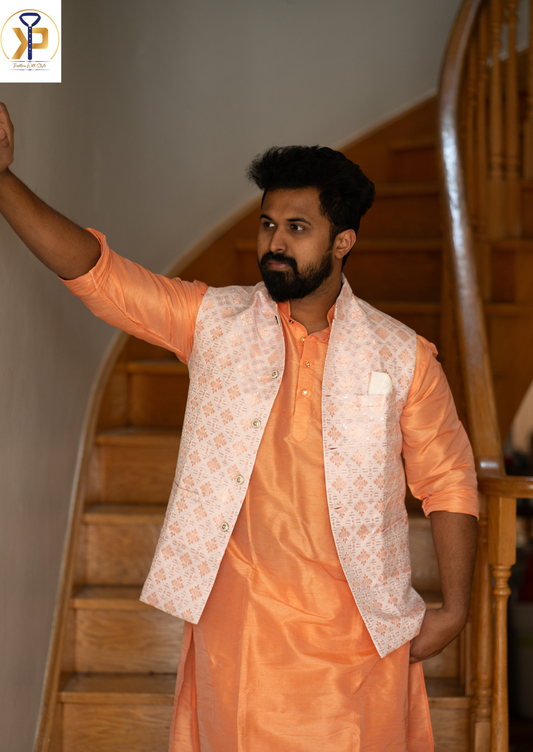 Peach Kurta Pyjama and White Designer Nehru Jacket