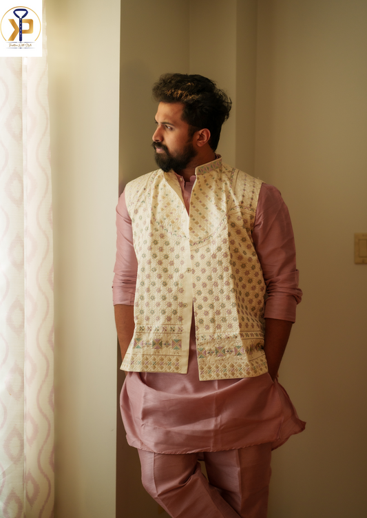 A White Designer Nehru Jacket elegantly paired with a Pink Kurta Pyjama