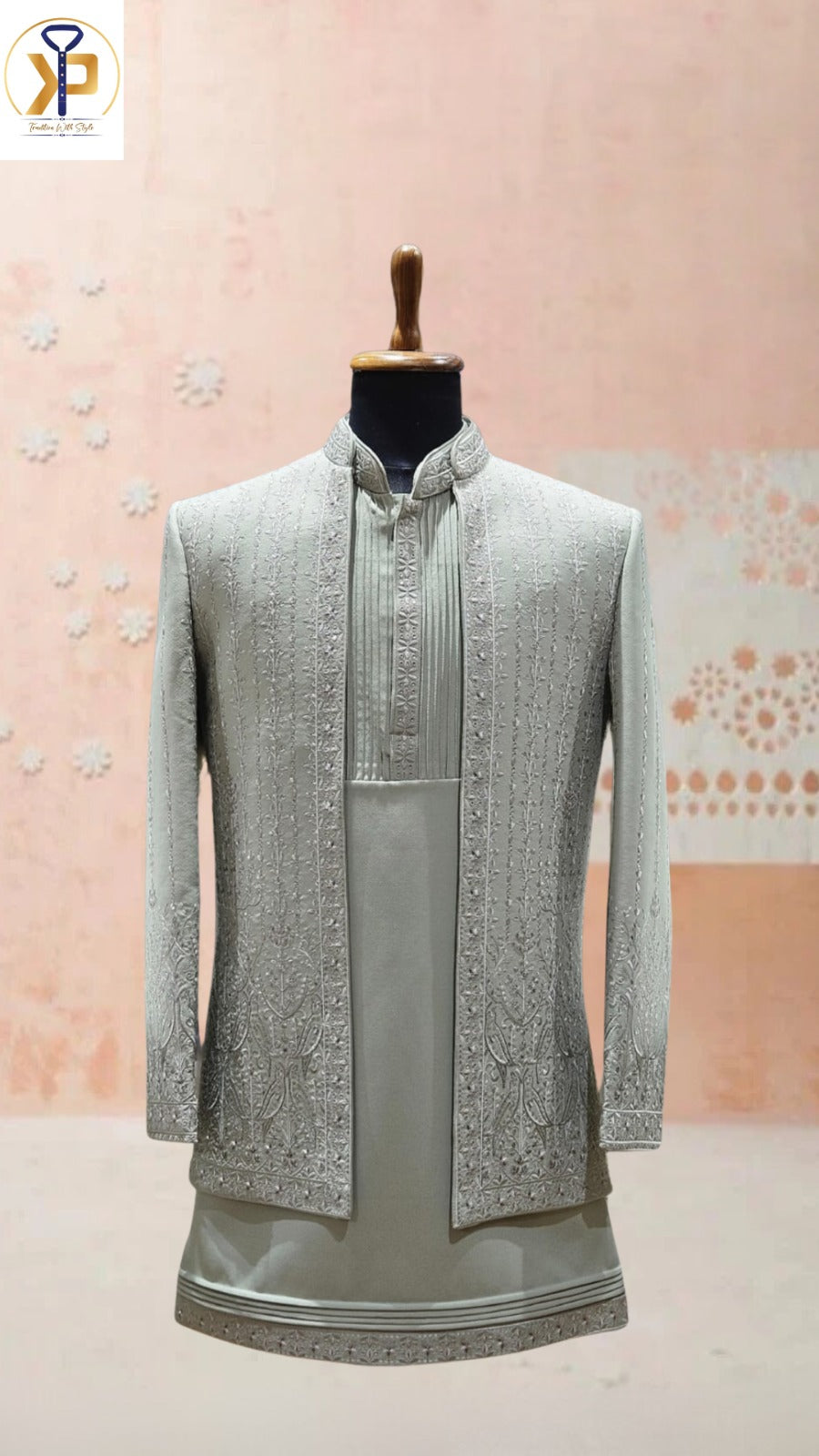 grey indo western set for men