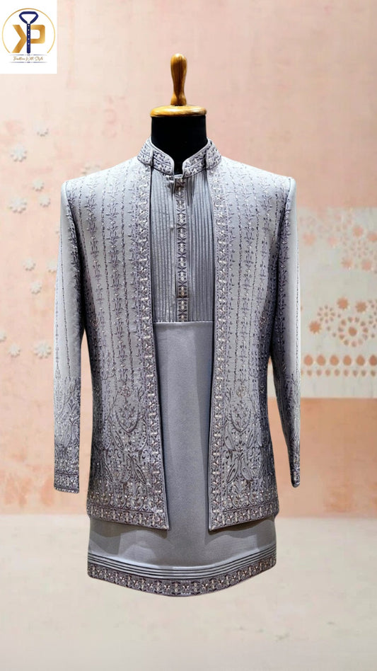 grey indo western sherwani 