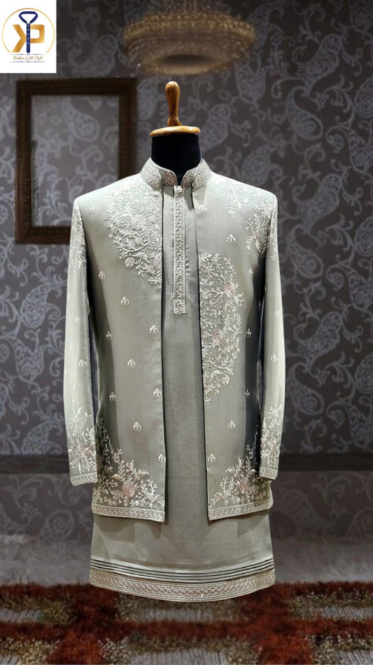 grey indo western sherwani for men