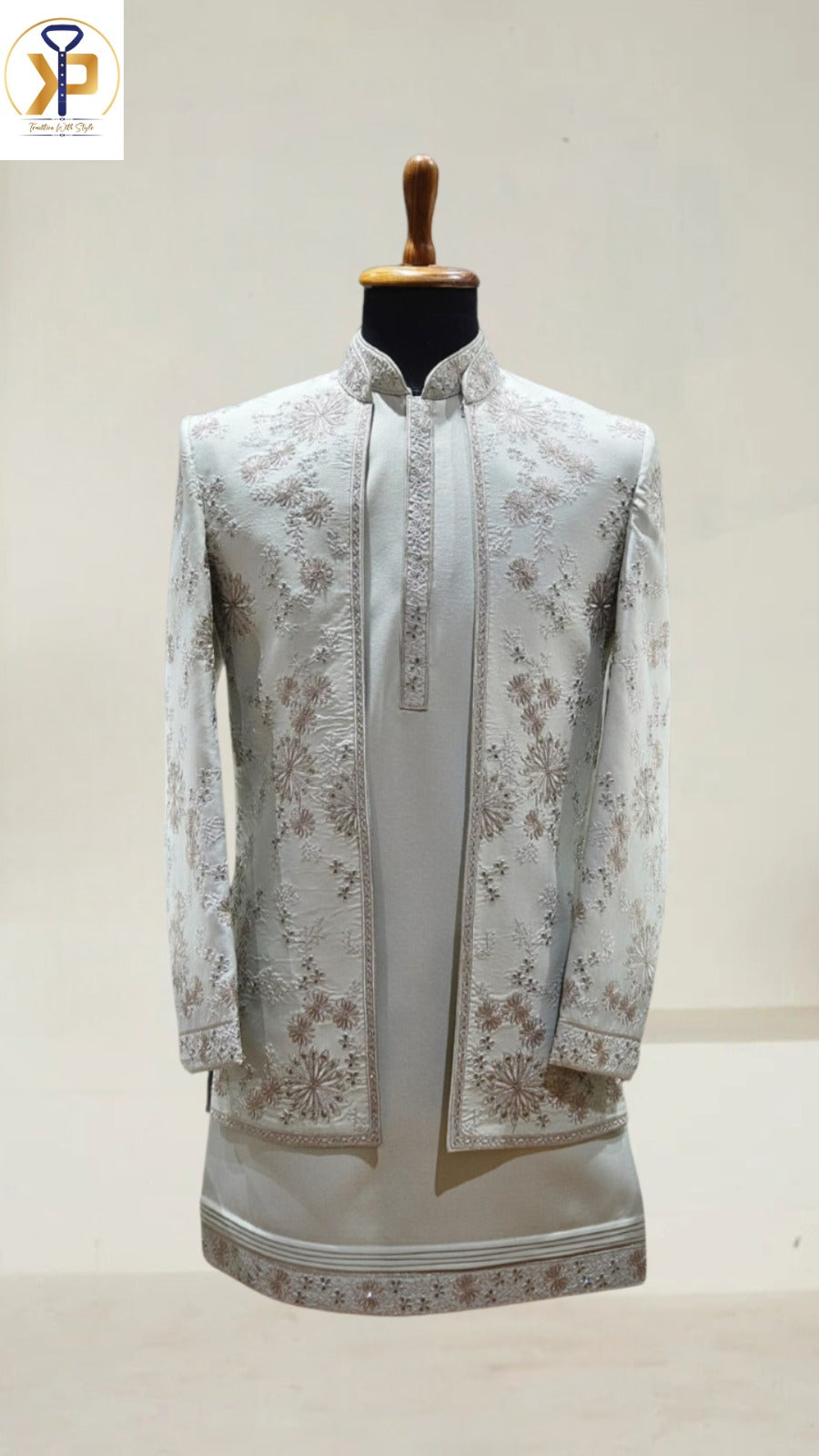 off white indo western sherwani for men