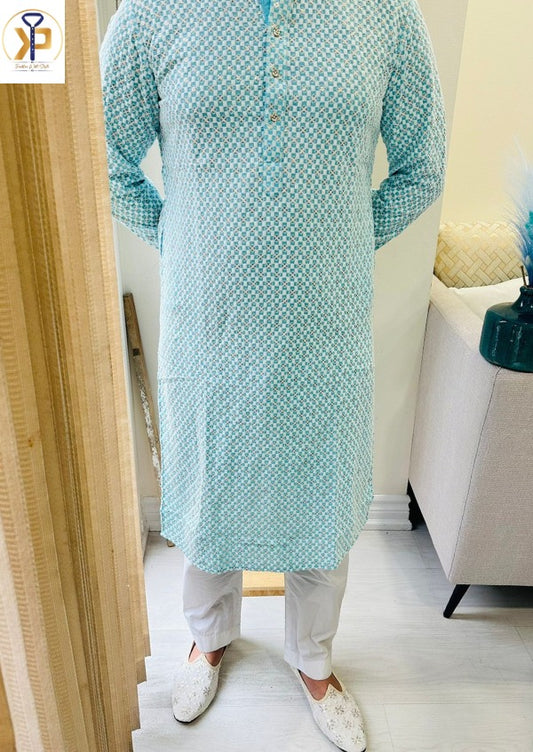 KPD5060 Chikankari Sequence Blue White Kurta Pyjama Set