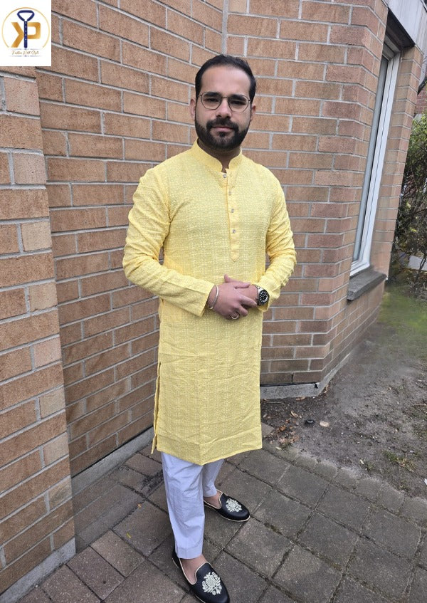 KPD5057 Yellow Mango Shade Chikankari Sequence Kurta Pyjama Set For Men