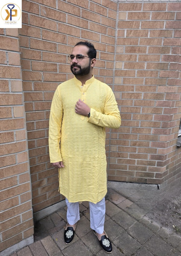 KPD5057 Yellow Mango Shade Chikankari Sequence Kurta Pyjama Set For Men