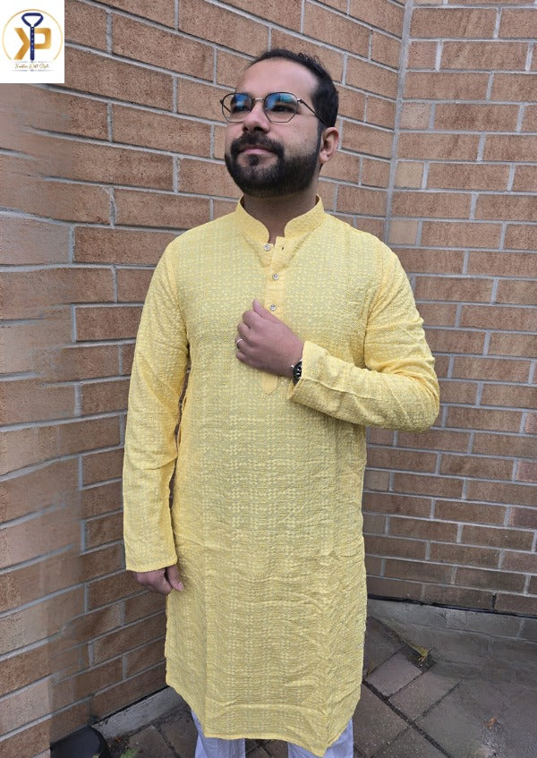 KPD5057 Yellow Mango Shade Chikankari Sequence Kurta Pyjama Set For Men