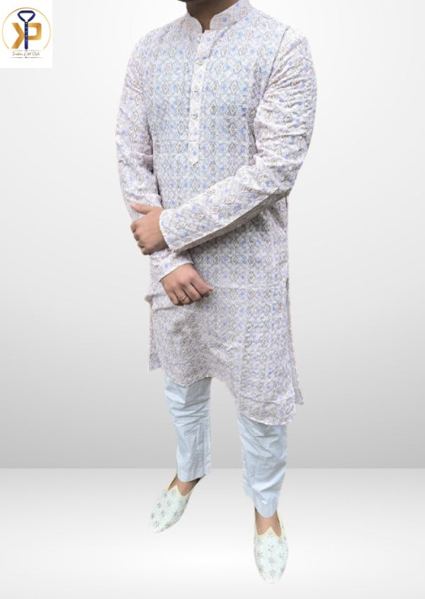 KPD5061 Chikankari Sequence Beige White Shade Kurta Pyjama Set