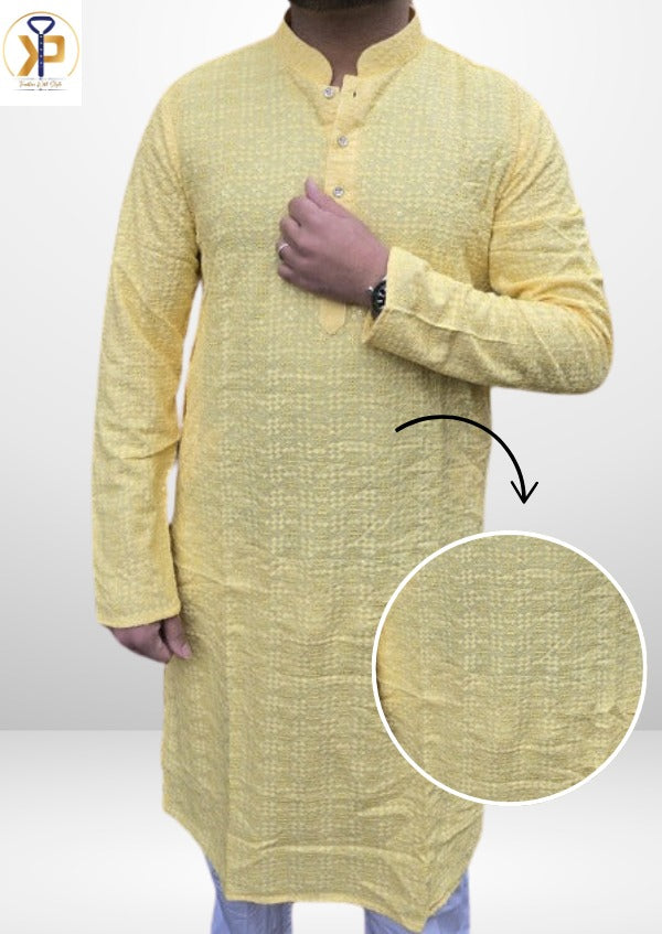 KPD5057 Yellow Mango Shade Chikankari Sequence Kurta Pyjama Set For Men