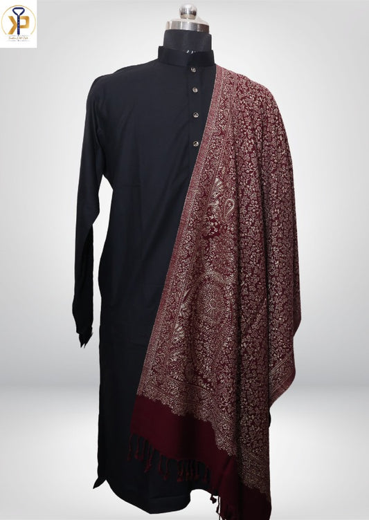 KPSH0108 Dark Red Shawl With Golden Design