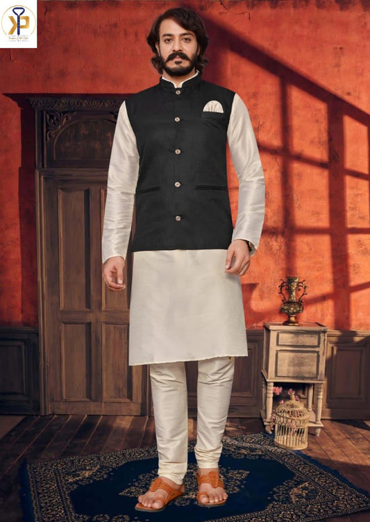 KPD5071 Cream Kurta Set and Black Nehru Jacket For Men