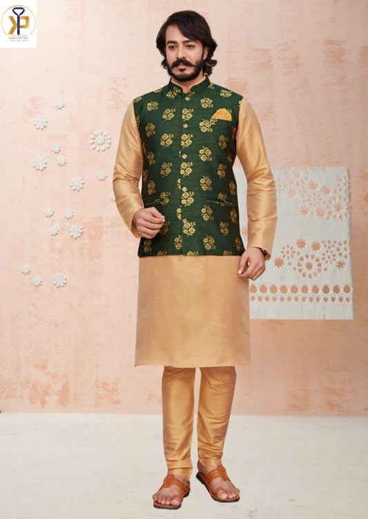 KPD5073 Golden Kurta Set and Dark Green Nehru Jacket with Golden Design