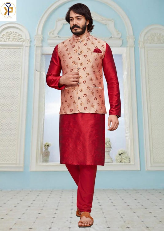 red kurta pyjama set and golden nehru jacket