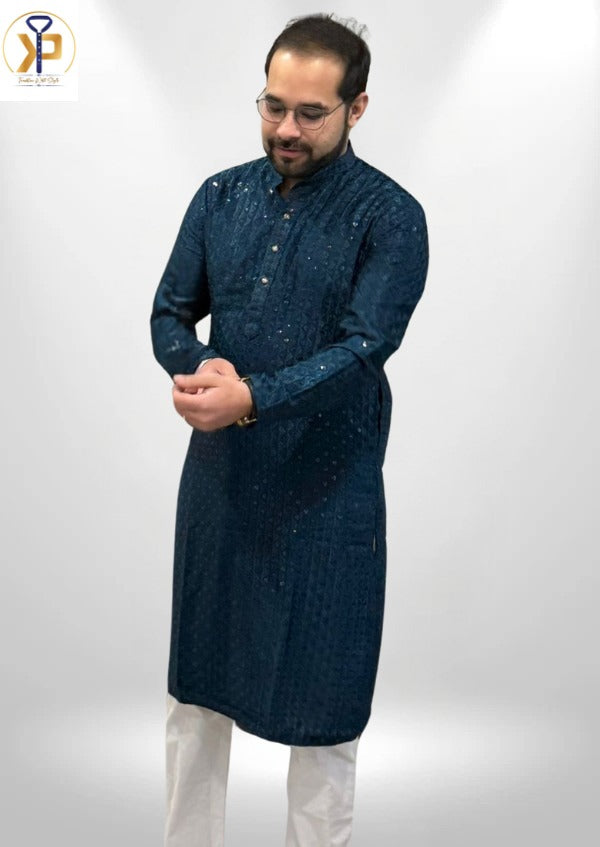 designer teal kurta pyjama for men