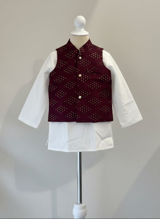 white kurta and mirror work nehru jacket kids