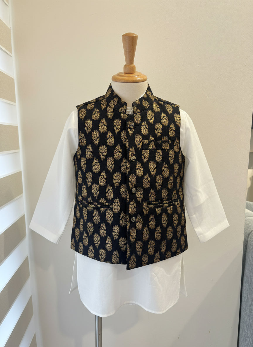white kurta and black nehru jacket kids