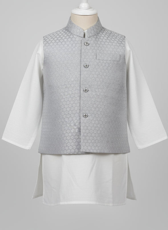 white kurta and grey nehru jacket