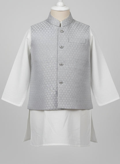 white kurta and grey nehru jacket