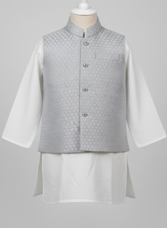 white kurta and grey nehru jacket