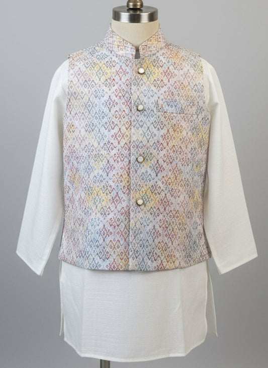 white kurta and multi color nehru jacket kids