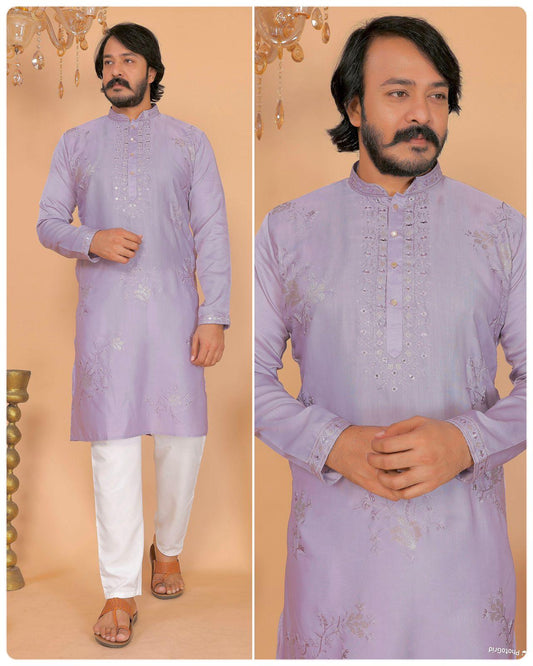 light purple embroidered kurta with white pants