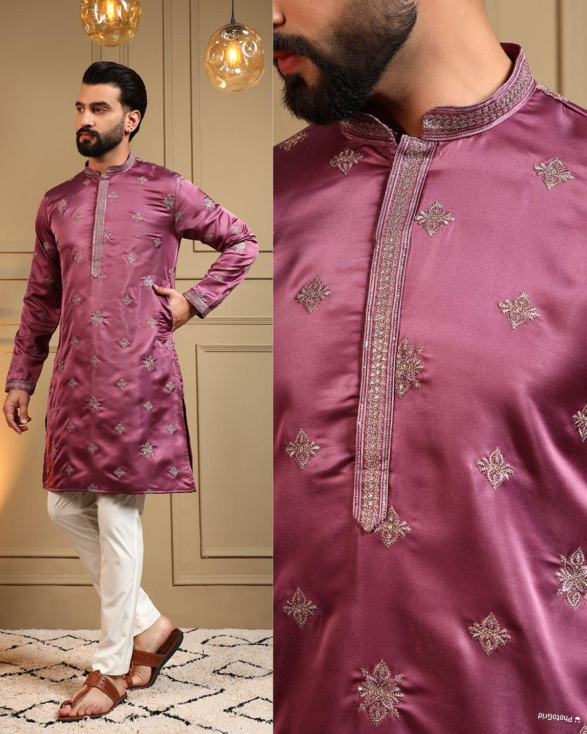 KPD6025 Dusty Mauve Silk Embroidered Kurta with White Pyjama Set