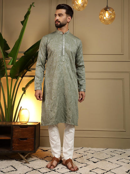 KPD6027 Sage Green Thread & Mirror Work Kurta with White Pyjama Set