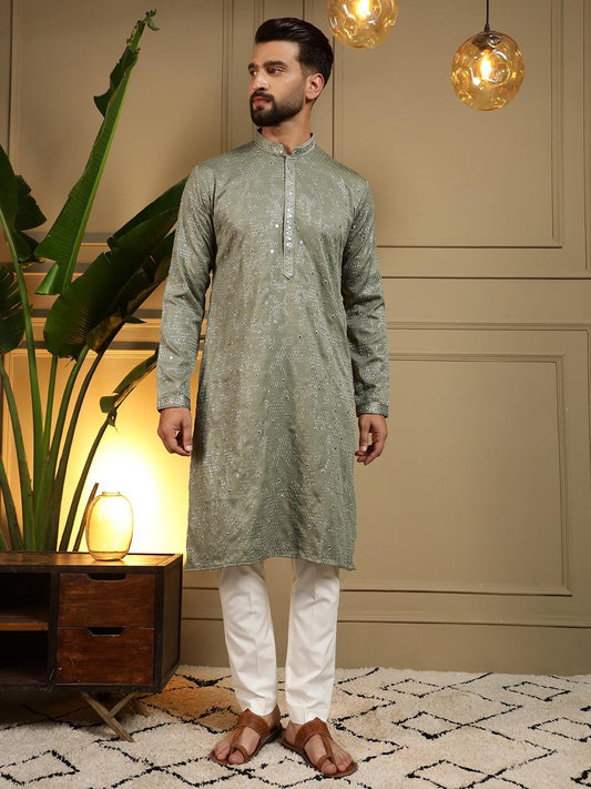 KPD6027 Sage Green Thread & Mirror Work Kurta with White Pyjama Set