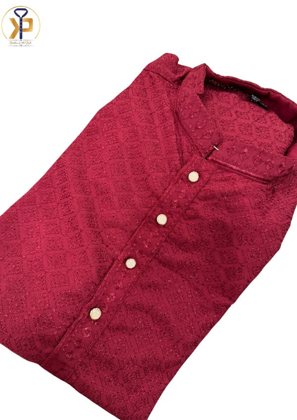 KPD5044 Deep Red Lucknowi Kurta Pyjama With Lining