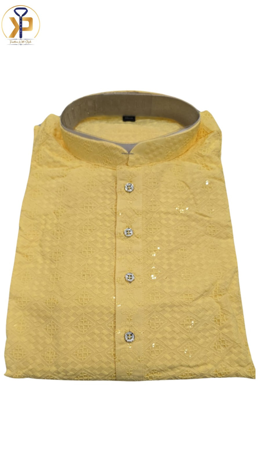 KPD5057 Yellow Mango Shade Chikankari Sequence Kurta Pyjama Set For Men