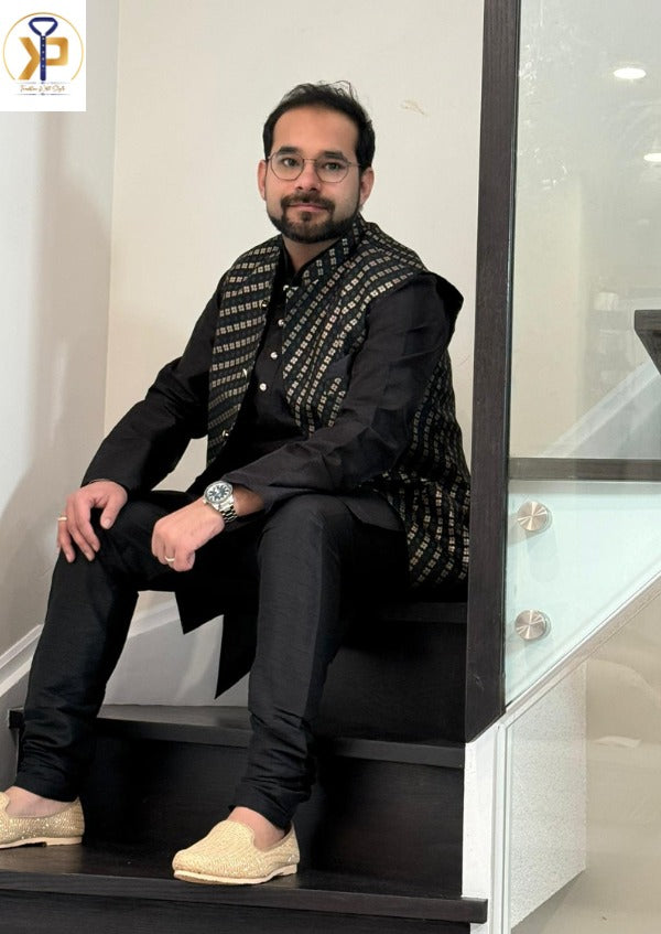 black kurta pyjama set and black nehru jacket