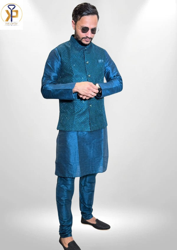 teal kurta pyjama set and teal nehru jacket