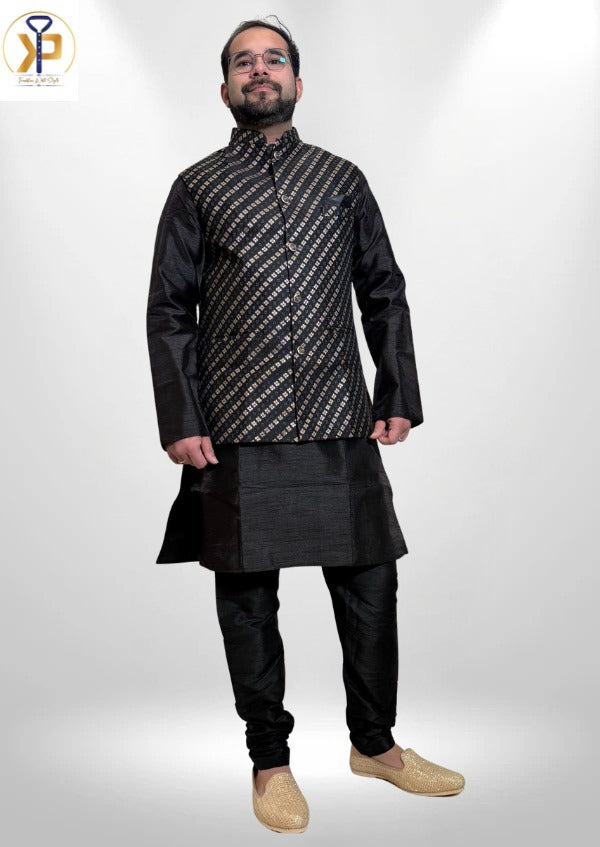 black kurta pyjama set and black nehru jacket set