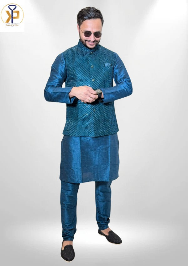 teal kurta pyjama and teal nehru jacket