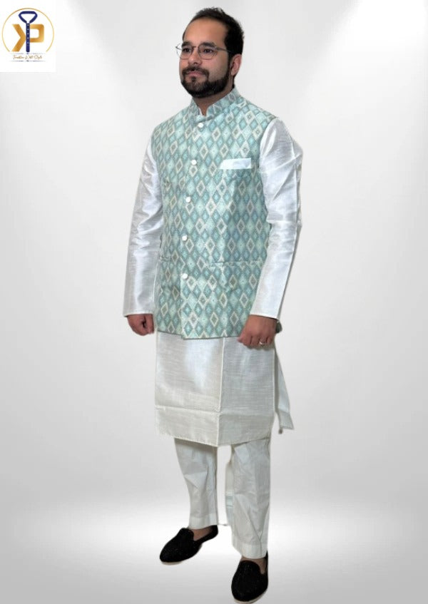 white kurta pyjama and green nehru jacket