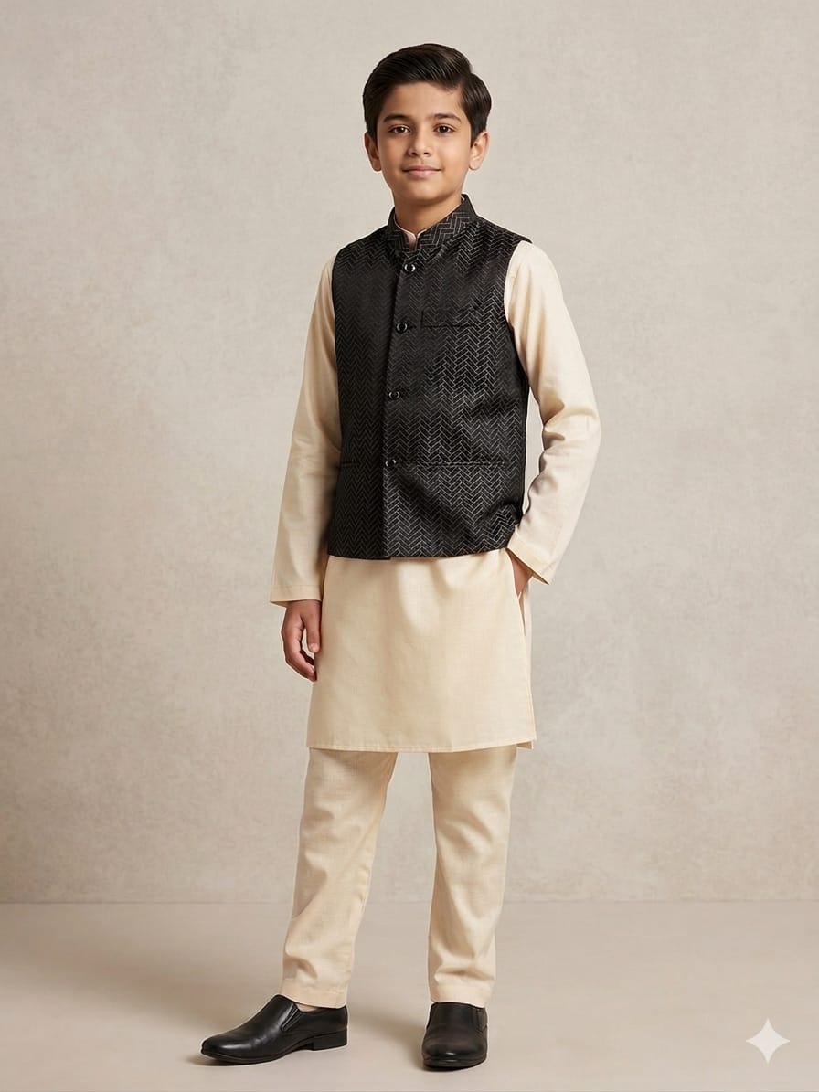 KPK2001 Beige Kurta Pyjama and Black Nehru Jacket Set