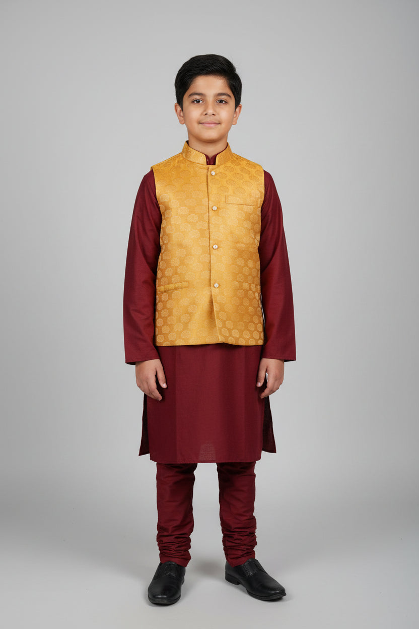 KPK2003 Maroon Kurta Pyjama and Golden Nehru Jacket Set